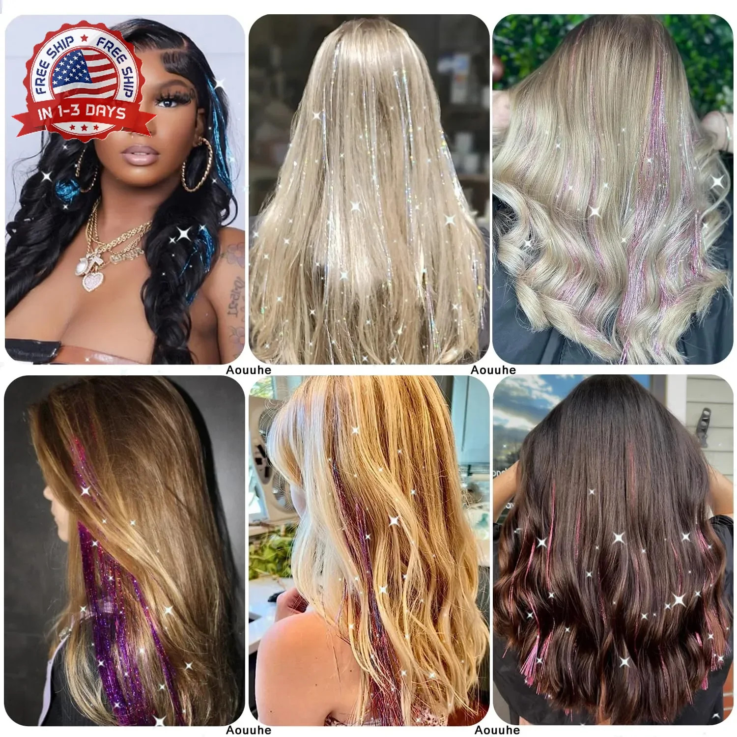 Hair Tinsel, 24 Colors 9800 Strands Hair Tinsel Kit with Tools 48 Inch Glitter T
