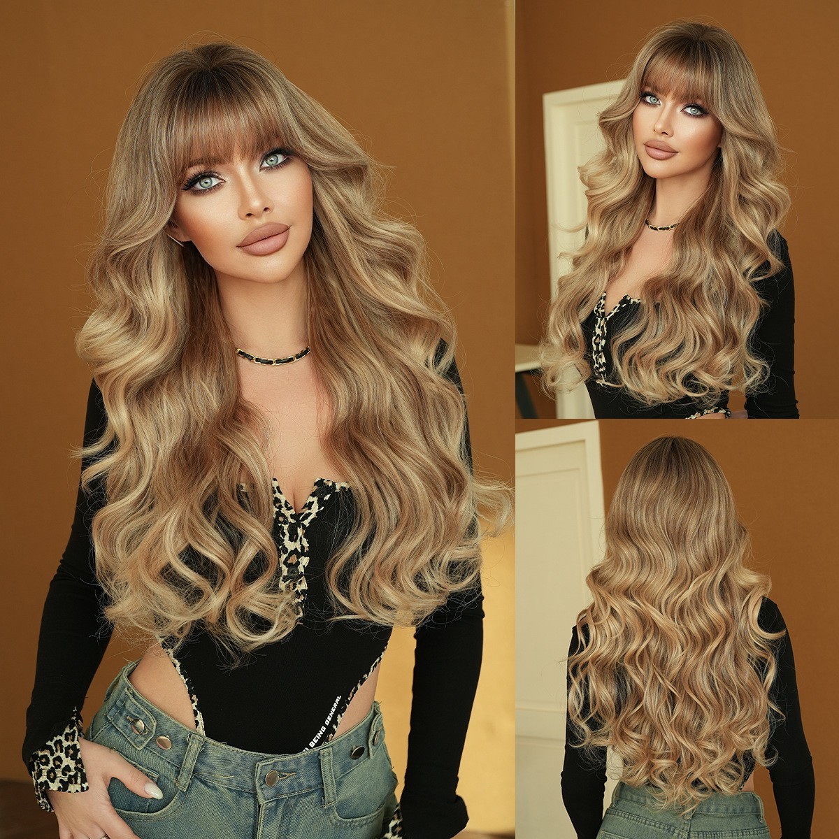 Ombre Blonde Long Curly Wig with Bangs Synthetic Wavy Hair Wigs for Women 27.5″