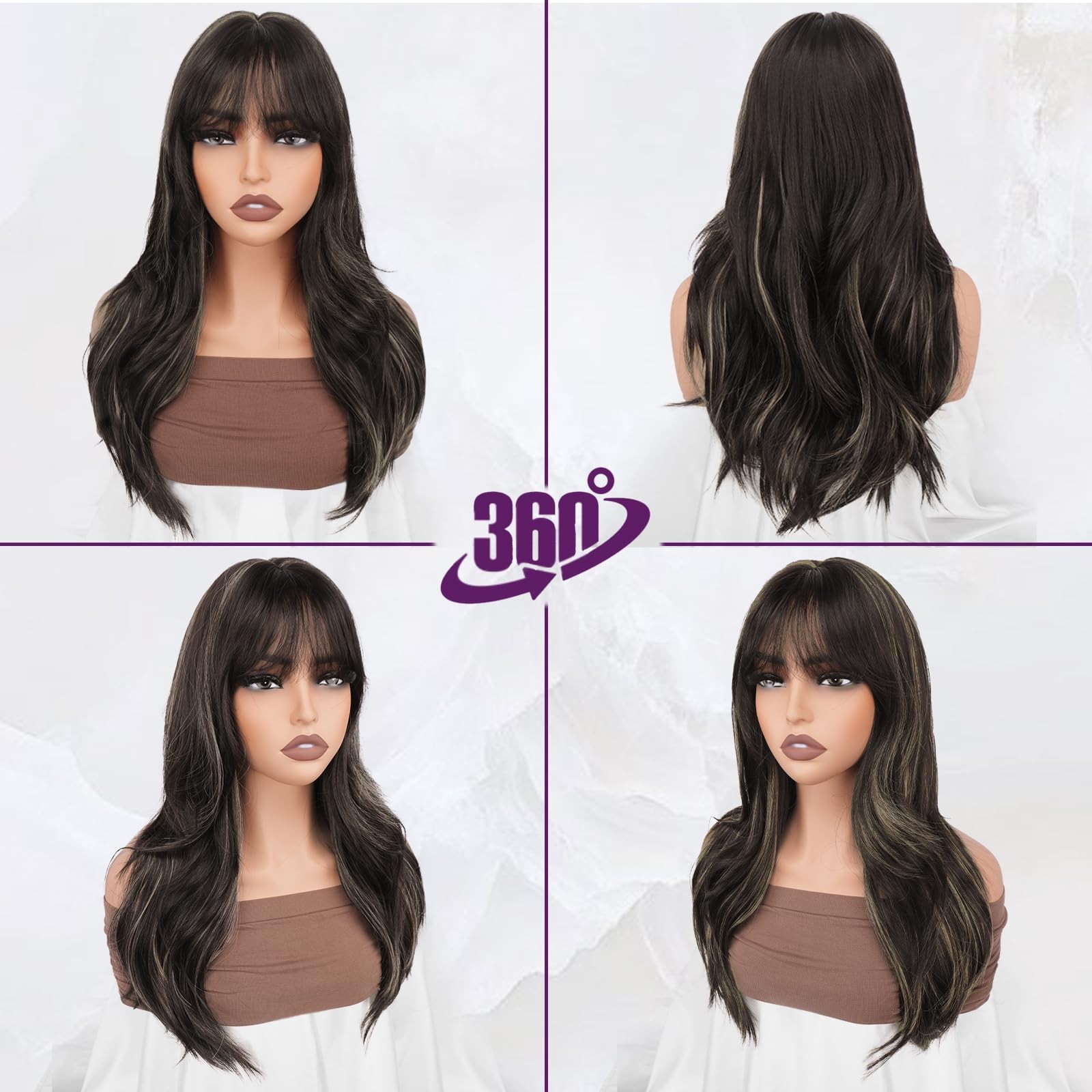 Brown Blonde Highlight Layered Wig with Bangs – 20 Inch Layered Wig with Bang…
