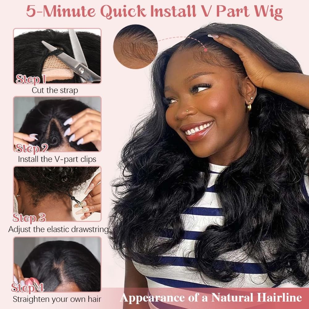 20-Inch Body Wave V Part Wig – 180% Density Glueless Human Hair Half Wig, No Sew