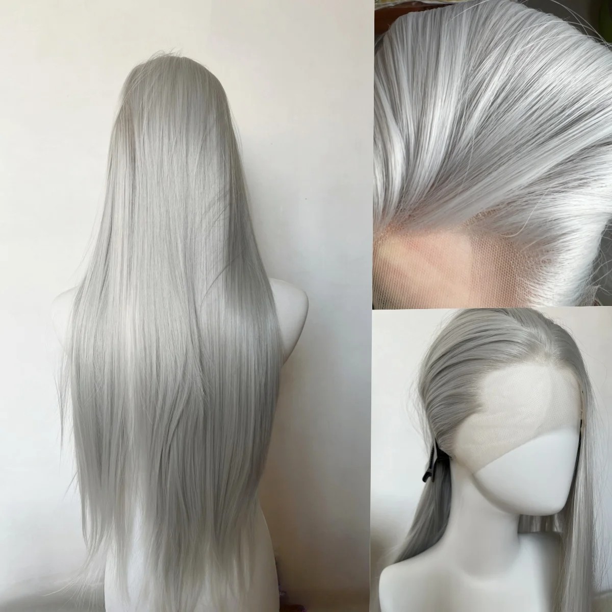 Lace Frontal Wig Silver Gray Synthetic Hair Soft Layered Long Straight