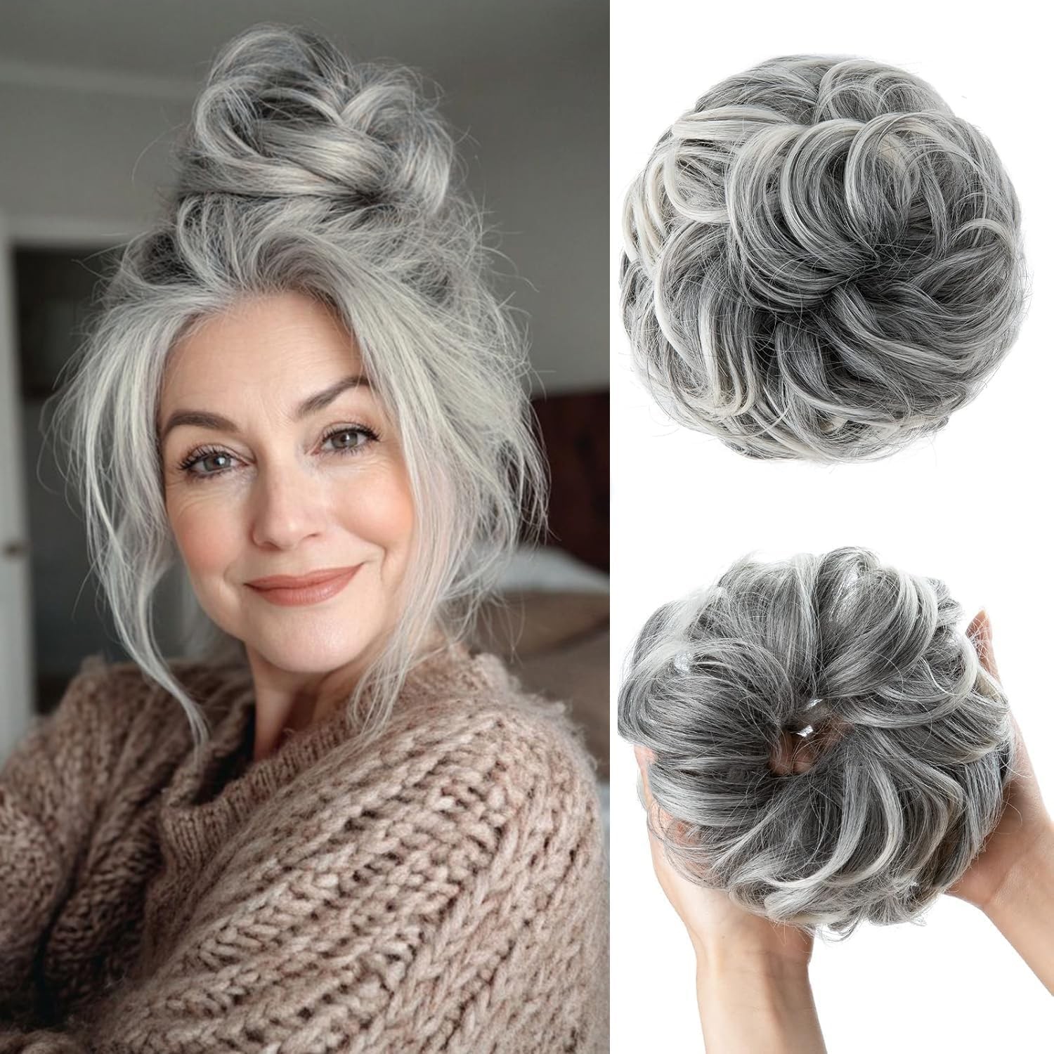 CJL HAIR Large Messy Bun Hair Piece Wavy 1 Count (Pack of 1), Salt and Pepper