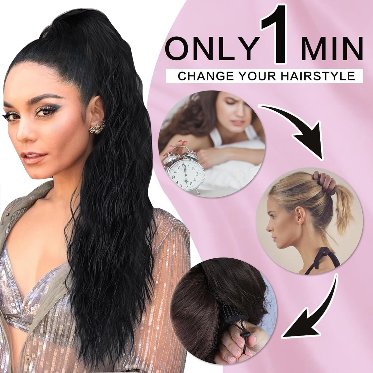 Curly Wavy Ponytail Extension 26 Inch Drawstring Black 1B – Lightweight Natural