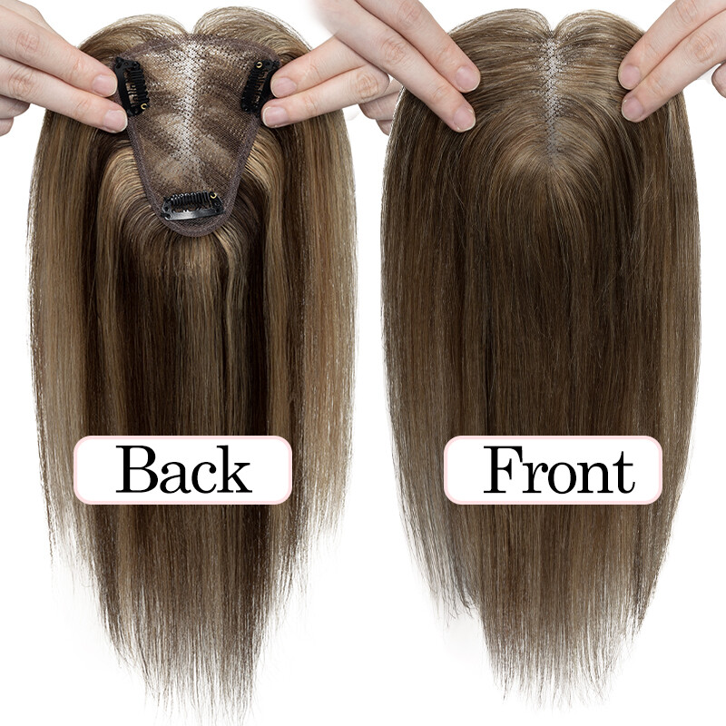 100% Remy Human Hair Extensions Clip In Silk Base Hairpiece Topper Free Part