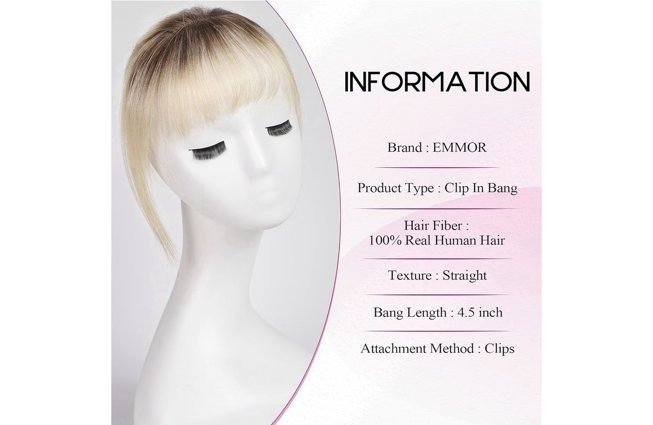 EMMOR Clip in Bangs, 100% Human 3 Clips, 360°Cover Top Ombre Light Blonde