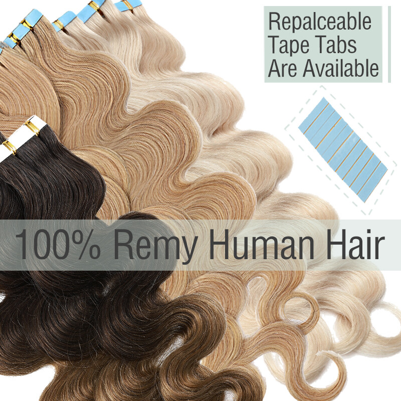 Body Wave Thick Tape In Skin Weft 100% Remy Human Hair Extensions Full Head 150g