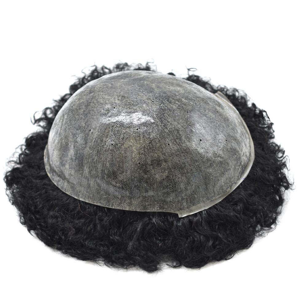 Afro Curl Mens Toupee Poly Skin Pu African American Hair System Breathable Holes