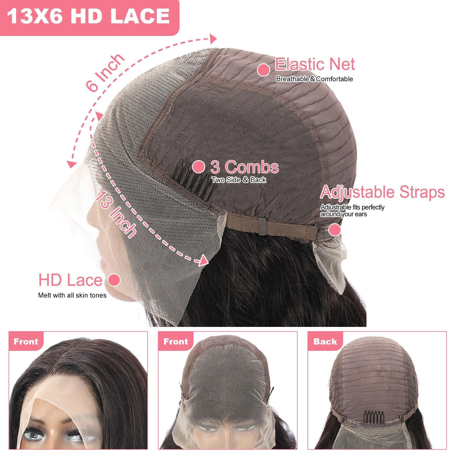 40″ 13×6 Body Wave Lace Front Wig, 250% Density, HD Glueless, Pre-Plucked, Natur