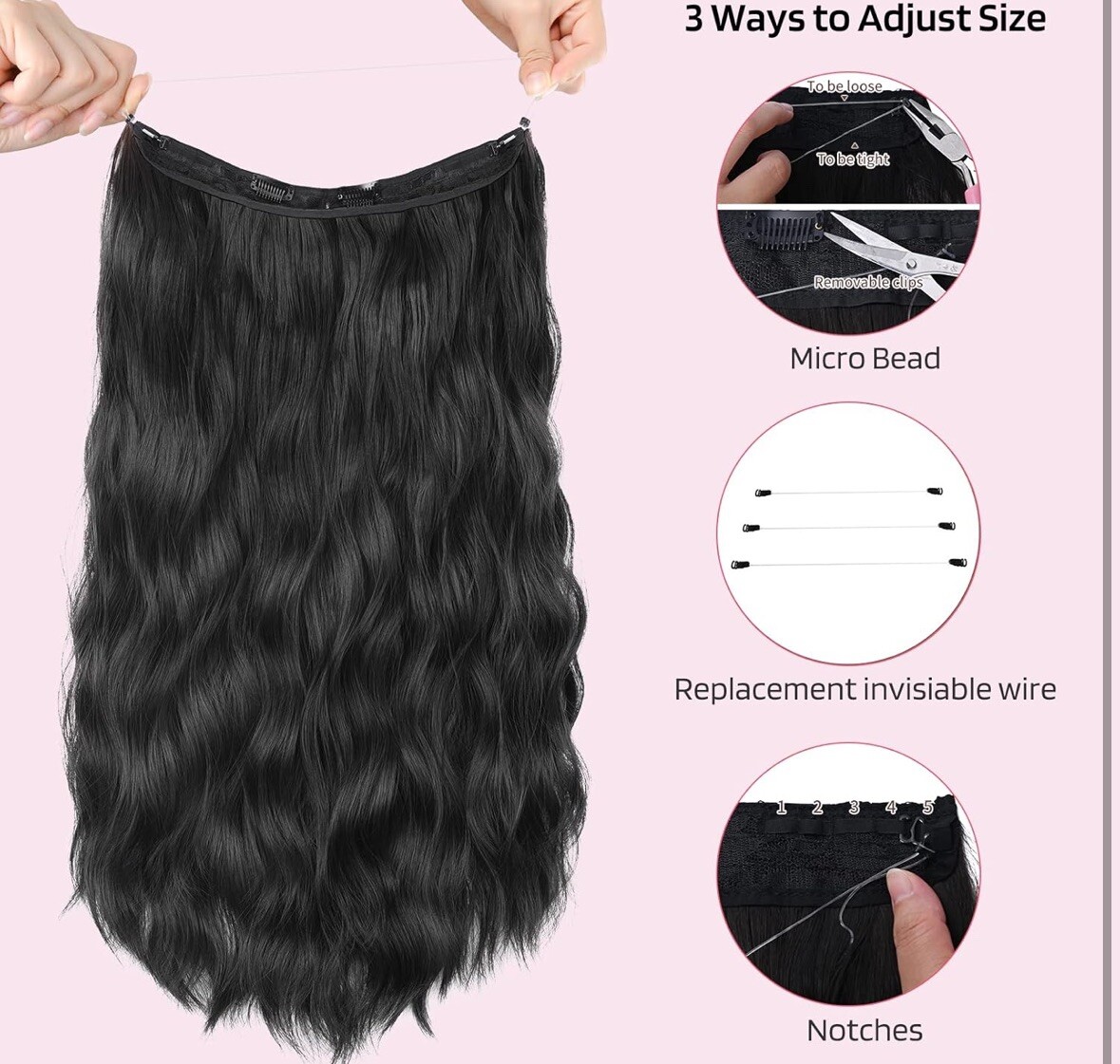 HOOJIH Wire Hair Extensions 2 Ways Adjustable Headband Size Curly Wavy Invisible