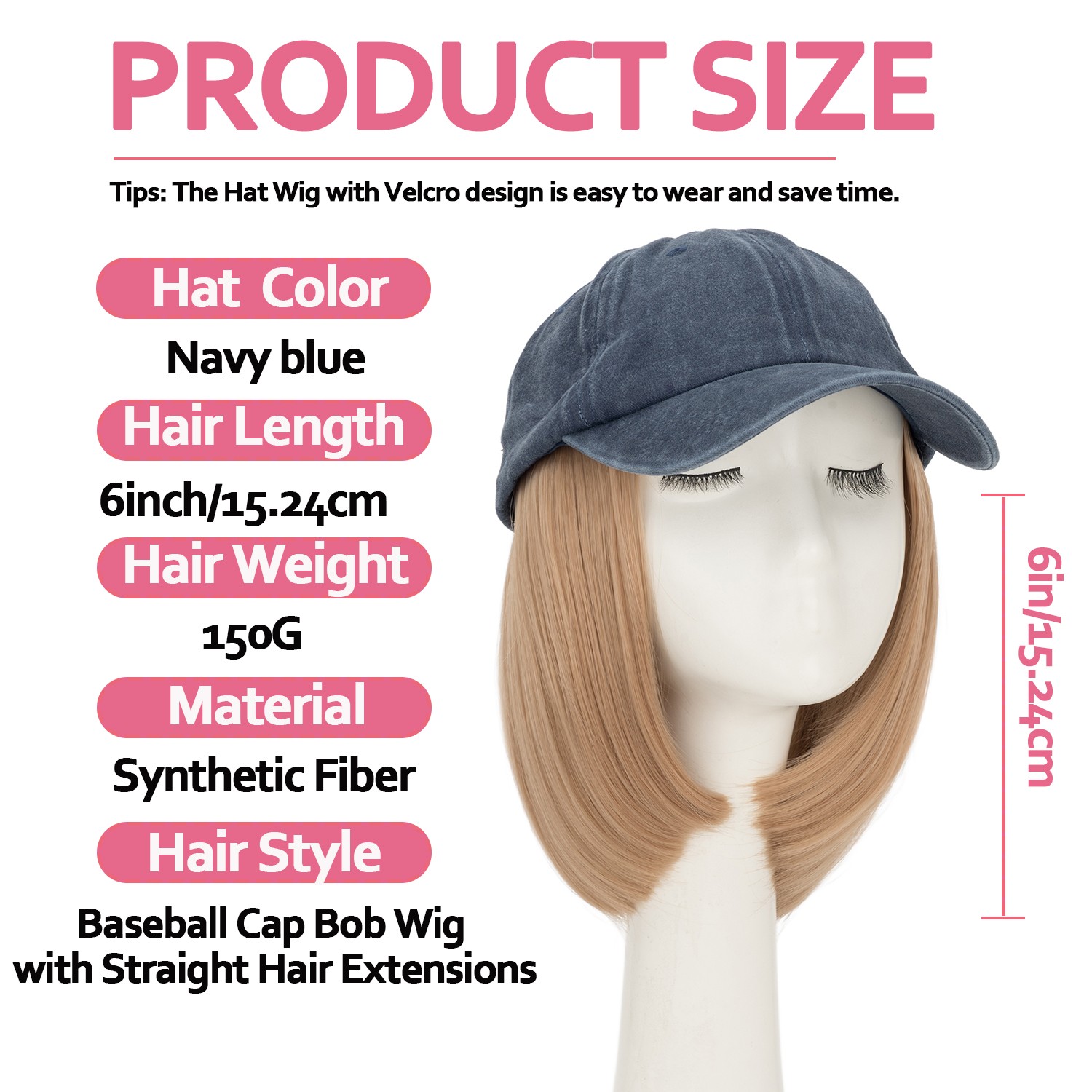 Instant Style 6″ Straight Cap Wig Adjustable Baseball Hat with Attached Hair Wig