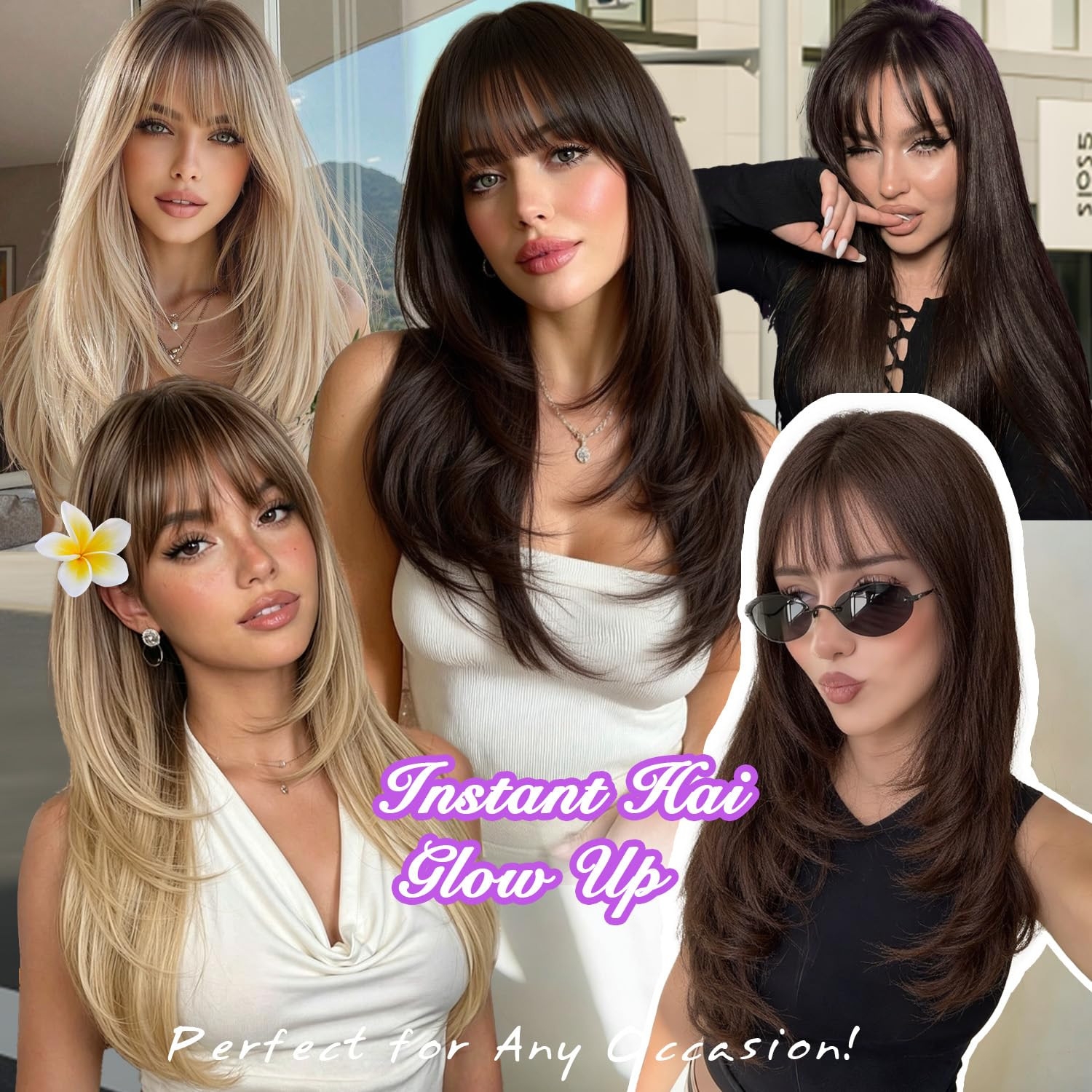 Long Layered Brown Wig with Bangs Straight Synthetic Wigs for Women 26 Inch | Be