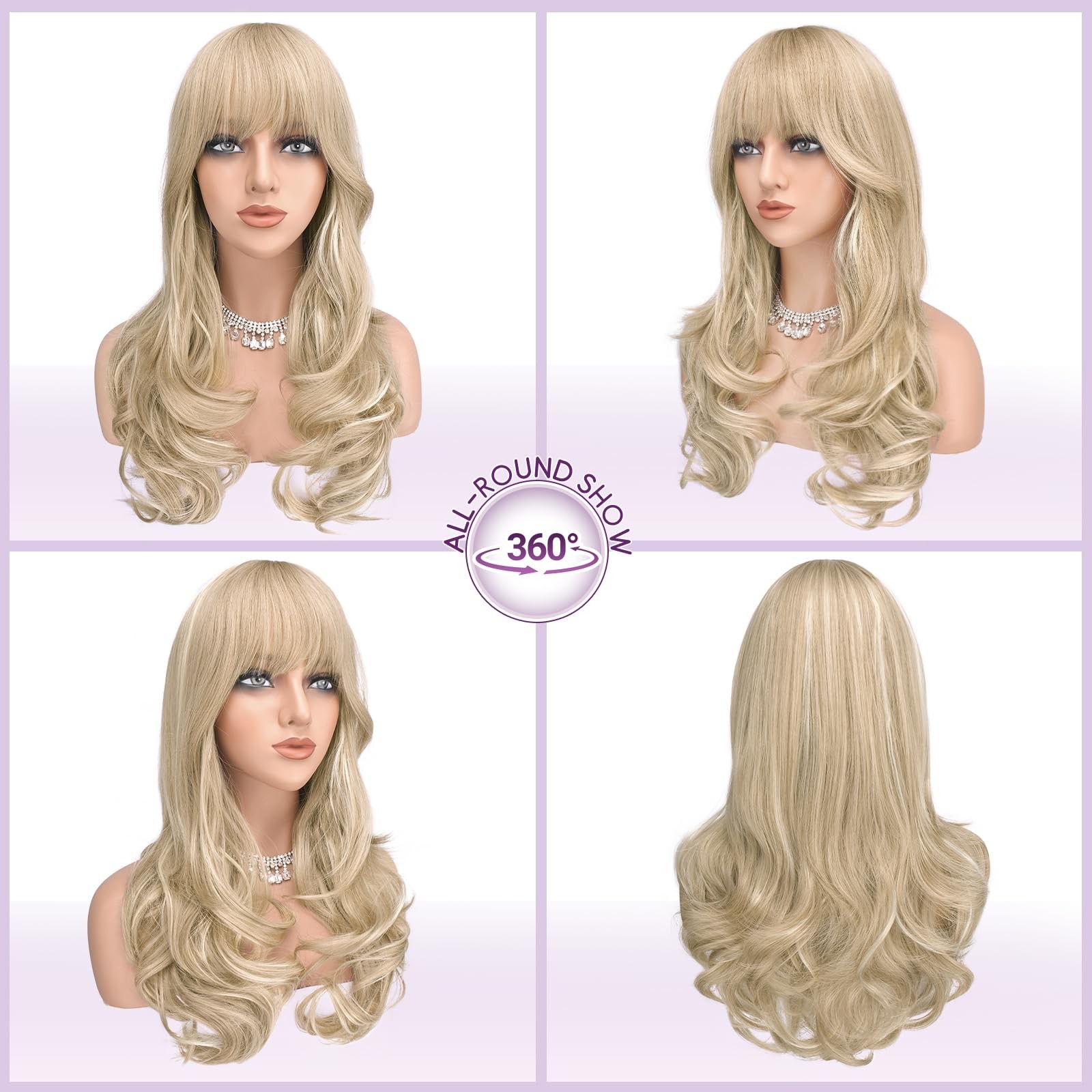 Blonde Wigs with Bangs Long Wavy Layered Haircut Natural Looking Fluffy Synth…