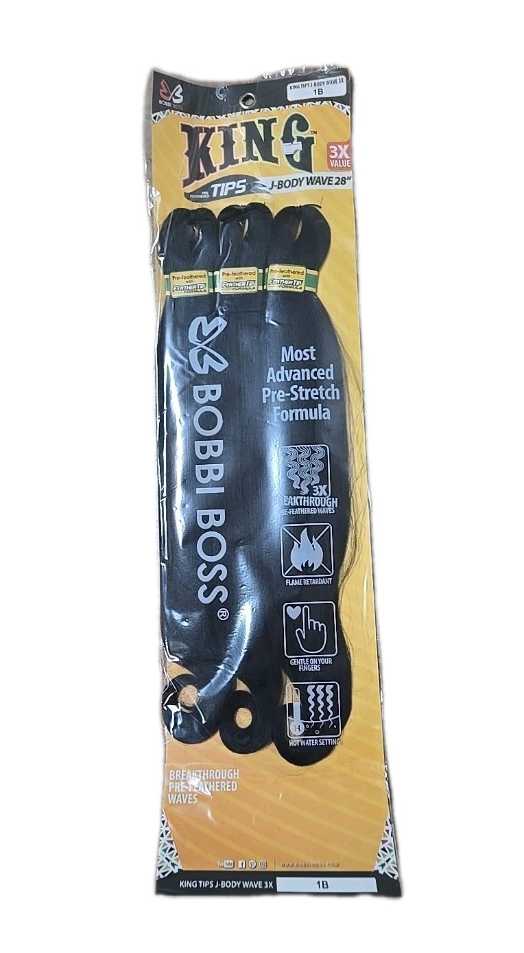 BOBBI BOSS TIPS KING J BODY WAVE 28″ Inch Pre-Feathered Tips Color 1B (3 Per Bag