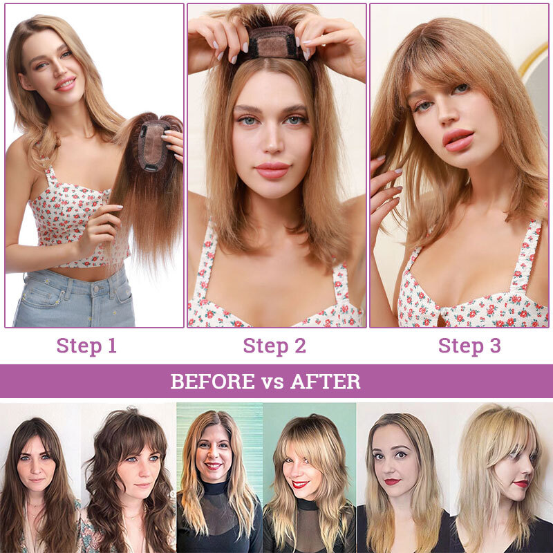 Real as Human 5″-20″ Hair Topper with Bangs Toupee Clip in Hairpiece Extensions