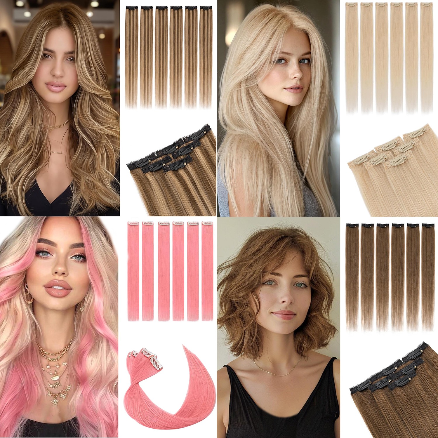 Lace Weft 6Pieces Clip in 100% Remy Human Hair Extensions Real Hair Half Head US