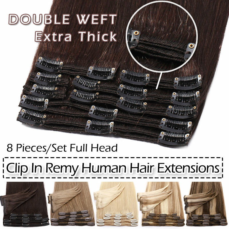 Extra Thick Double Weft Clip In Weave Remy Human Hair Extensions Full Head Brown