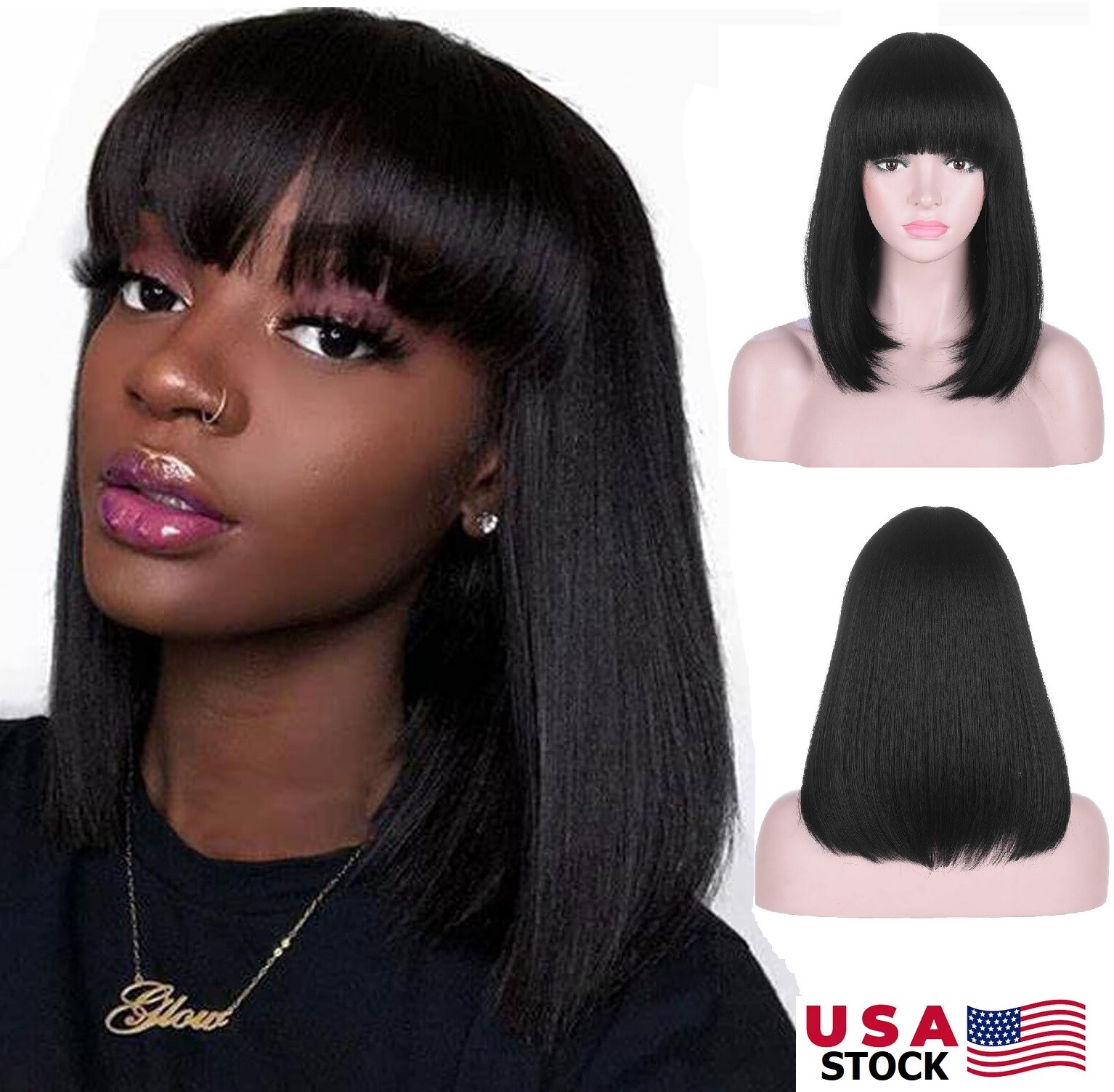 Black Bob Wigs with Bangs Straight Blunt Cut Shoulder Length Short Wig for Women