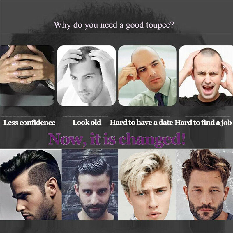 8*10inch Ultra Thin Skin Mens Toupee Human Hair Wig Full Poly PU Replacement US
