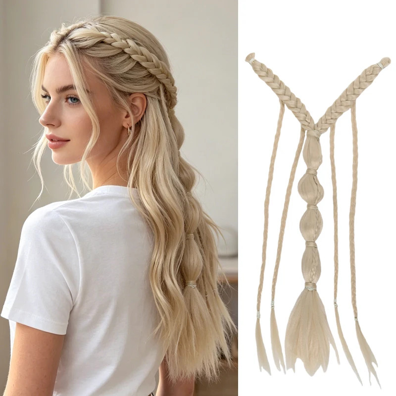 Women Elf Style Braided Half Head Hair Extensions Synthetic Fiber with BB Clips