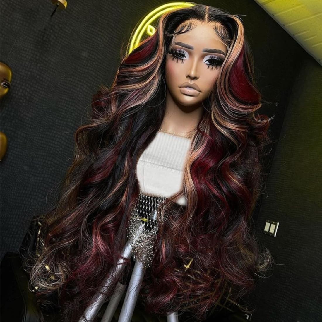 32″ Ombre Body Wave Lace Front Wig – 180 Density Human Hair, Black Red Blonde Hi