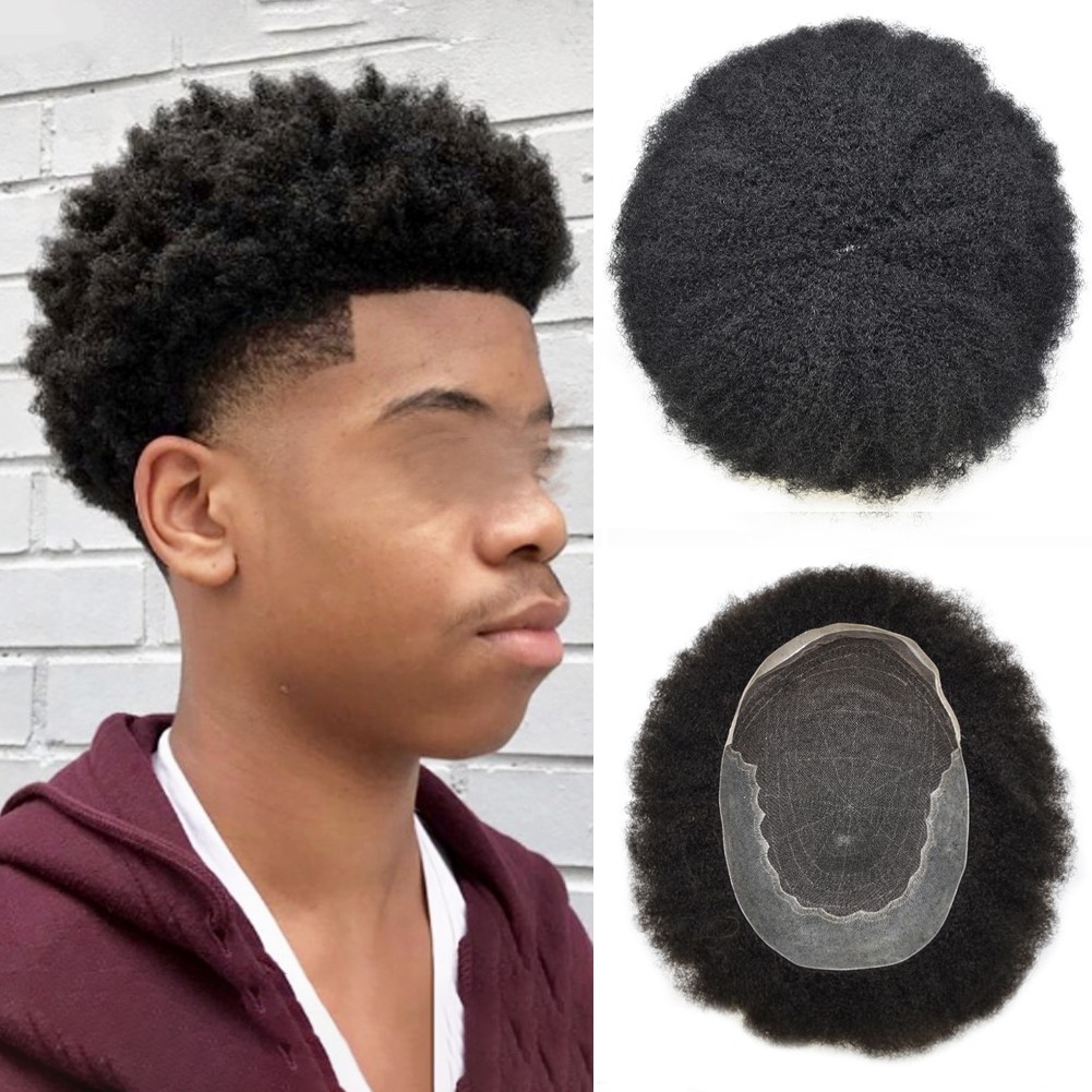 Afro Toupee for Black Men Toupee French Lace Hairpiece Kinky Curl Gray Hair Unit