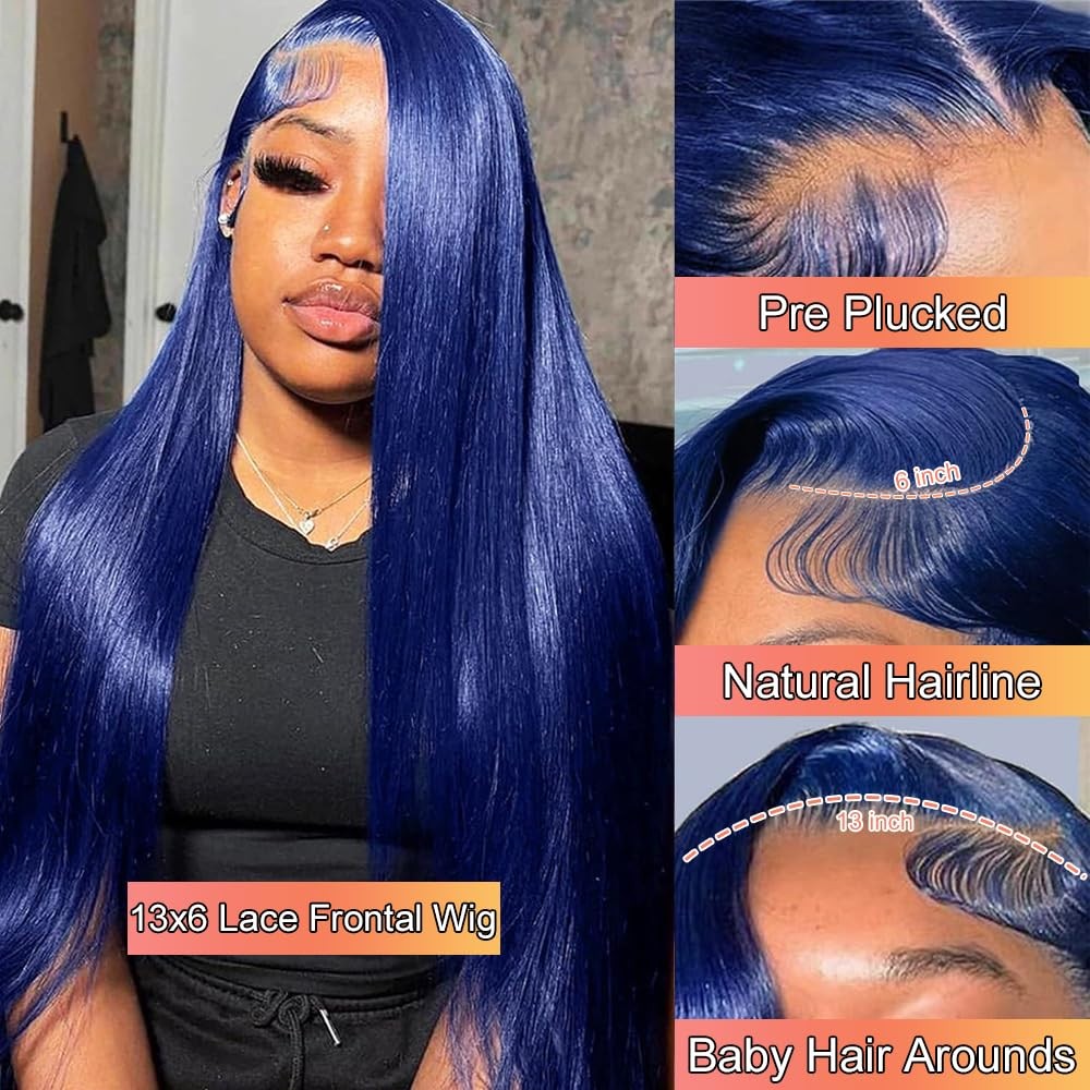 Amzhair 13X6 Blue Lace Front Wig Human Hair Straight Hd Transparent Navy Blue