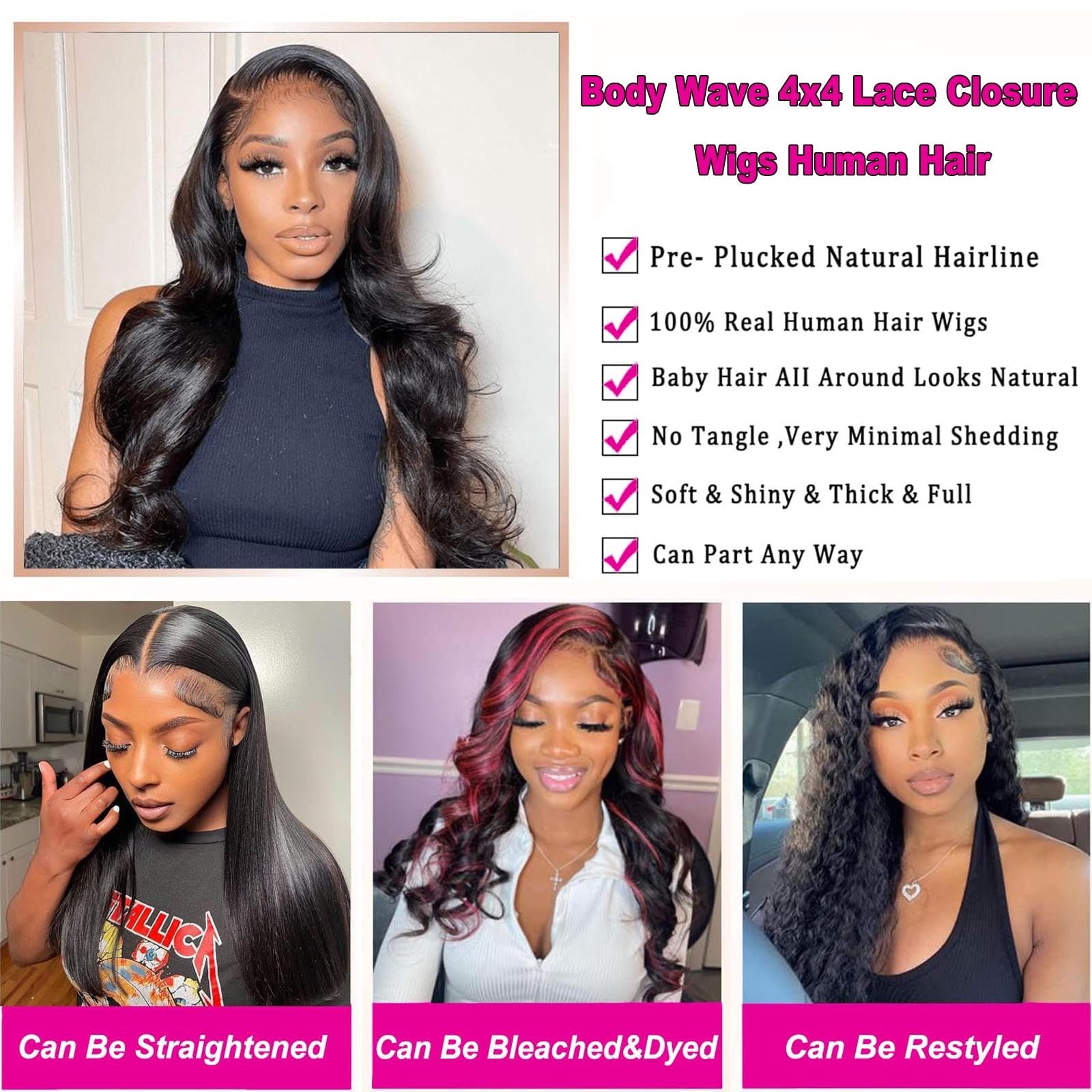 20 Inch Body Wave Glueless Wigs Human Hair 4×4 Lace Closure Wigs 200 Density
