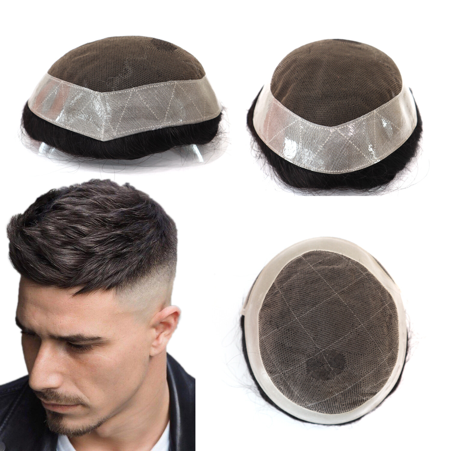 Natural Mens Toupee Human Hair Replacement System 法国花边皮肤发饰 #1B-