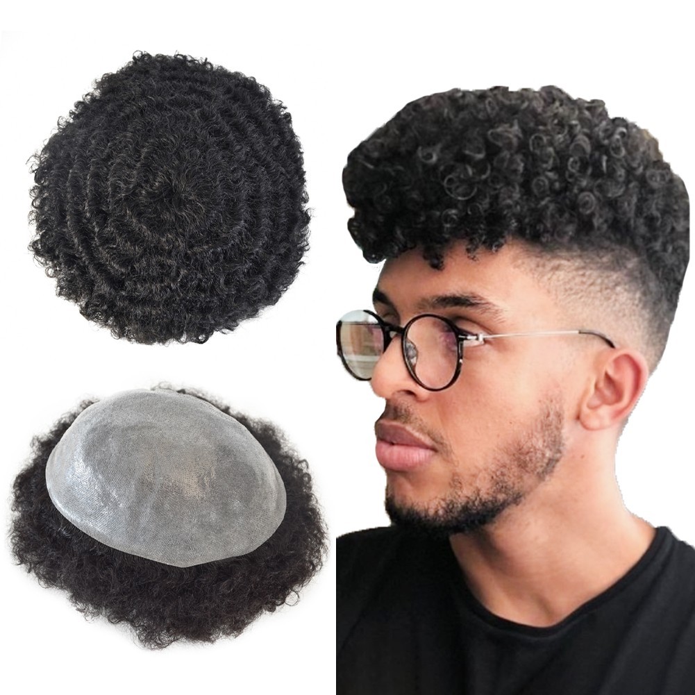 Hair Units for Black Men Thin Skin Afro Curly African American Toupee Hairpieces