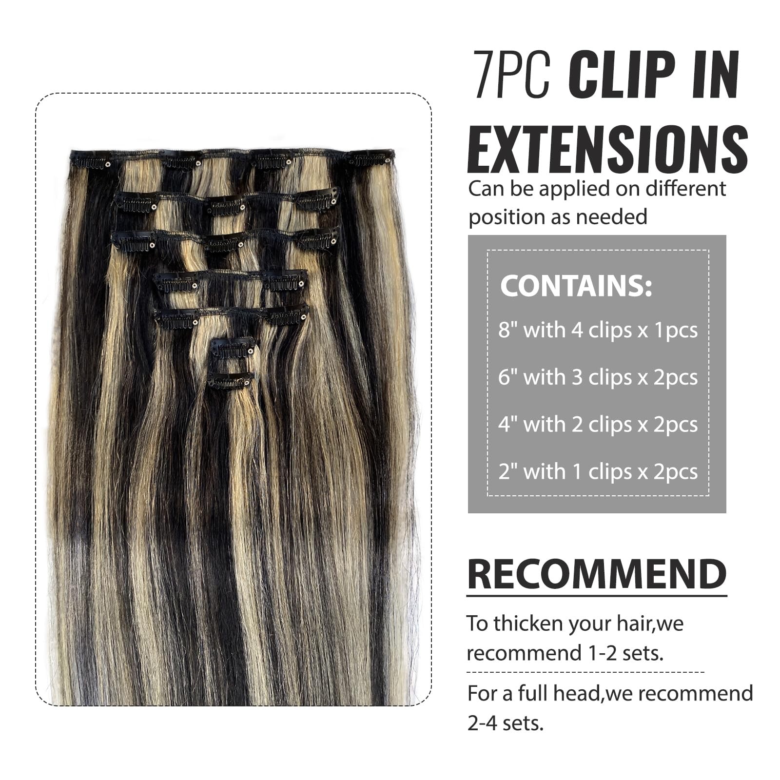 Belaved Hair Extensions Clip In Human Hair Black Mix Blonde 18 Inch 70G 7Pcs