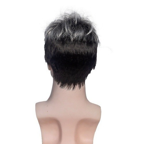 Short Wig Silver Gray with Black Synthetic Hair Wig Layered Textured Pixie Wigs