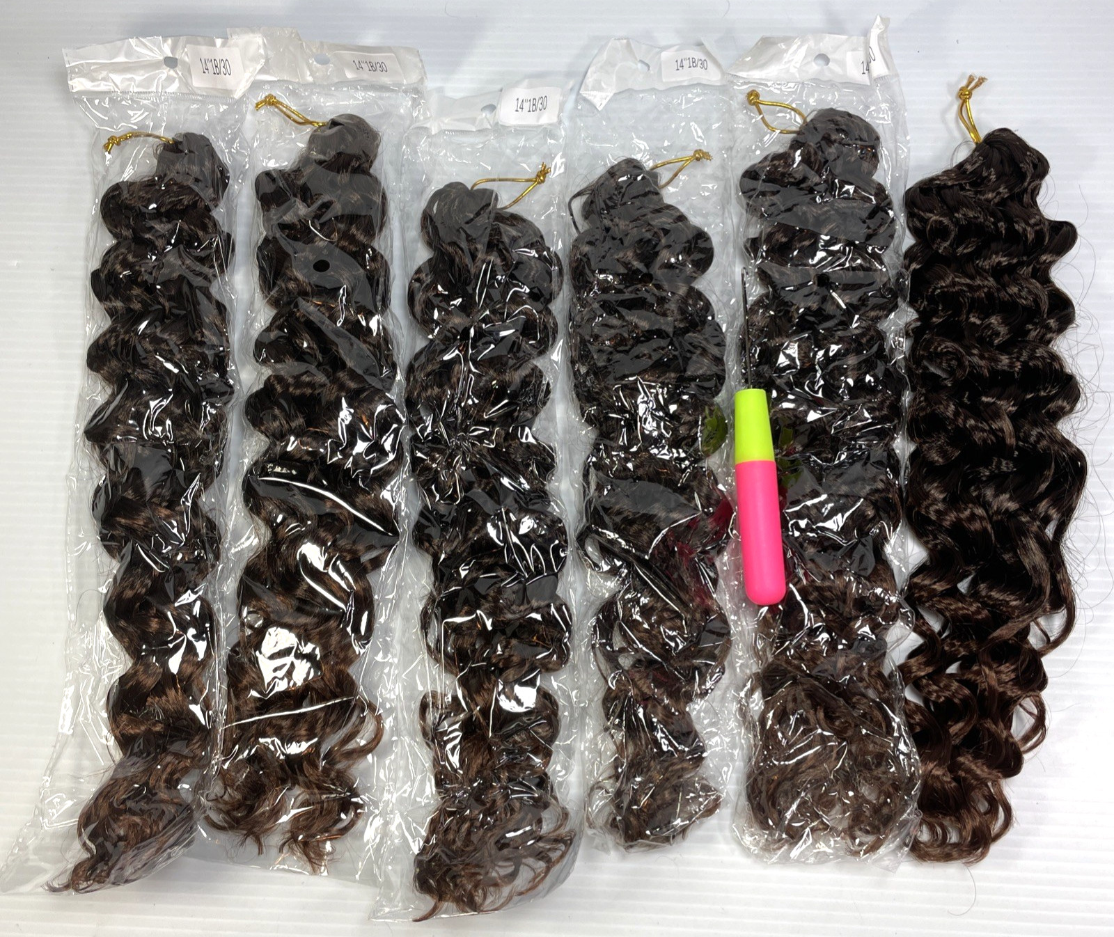14 inch 6 pack curly crochet hair beach curl water wave Ombre Brown + Hoop