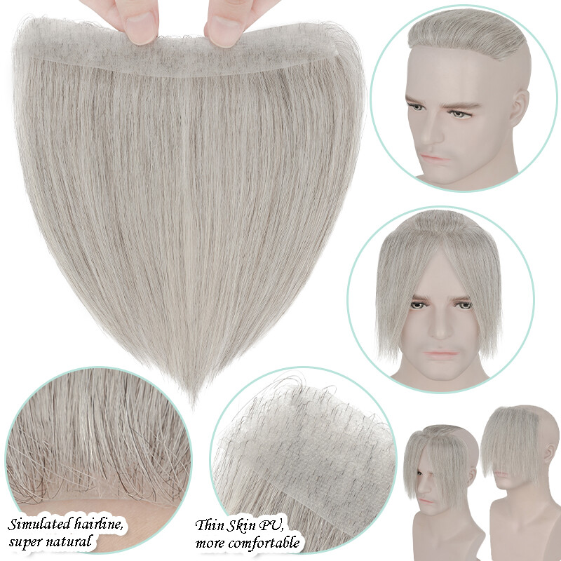 Mens Toupee for Frontal Receding Hairline Real Human Hair V-Looped PU Hairpiece