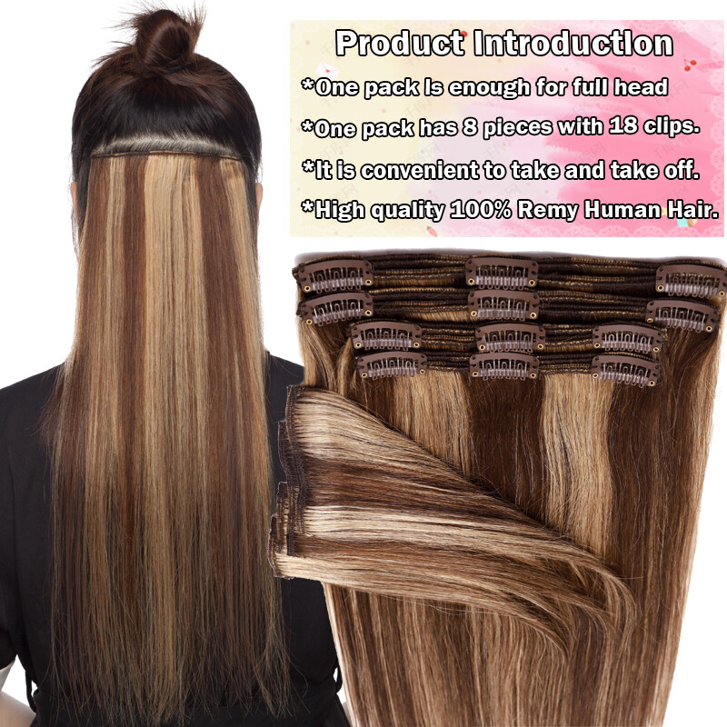 US Extra Thick Remy 100% Human Hair Extensions Clip In Full Head Double Weft 18″
