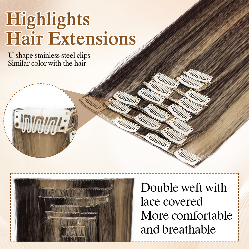 100% Real Natural Full Head Clip in Hair Extensions 8Pcs Straight Wavy Synthetic