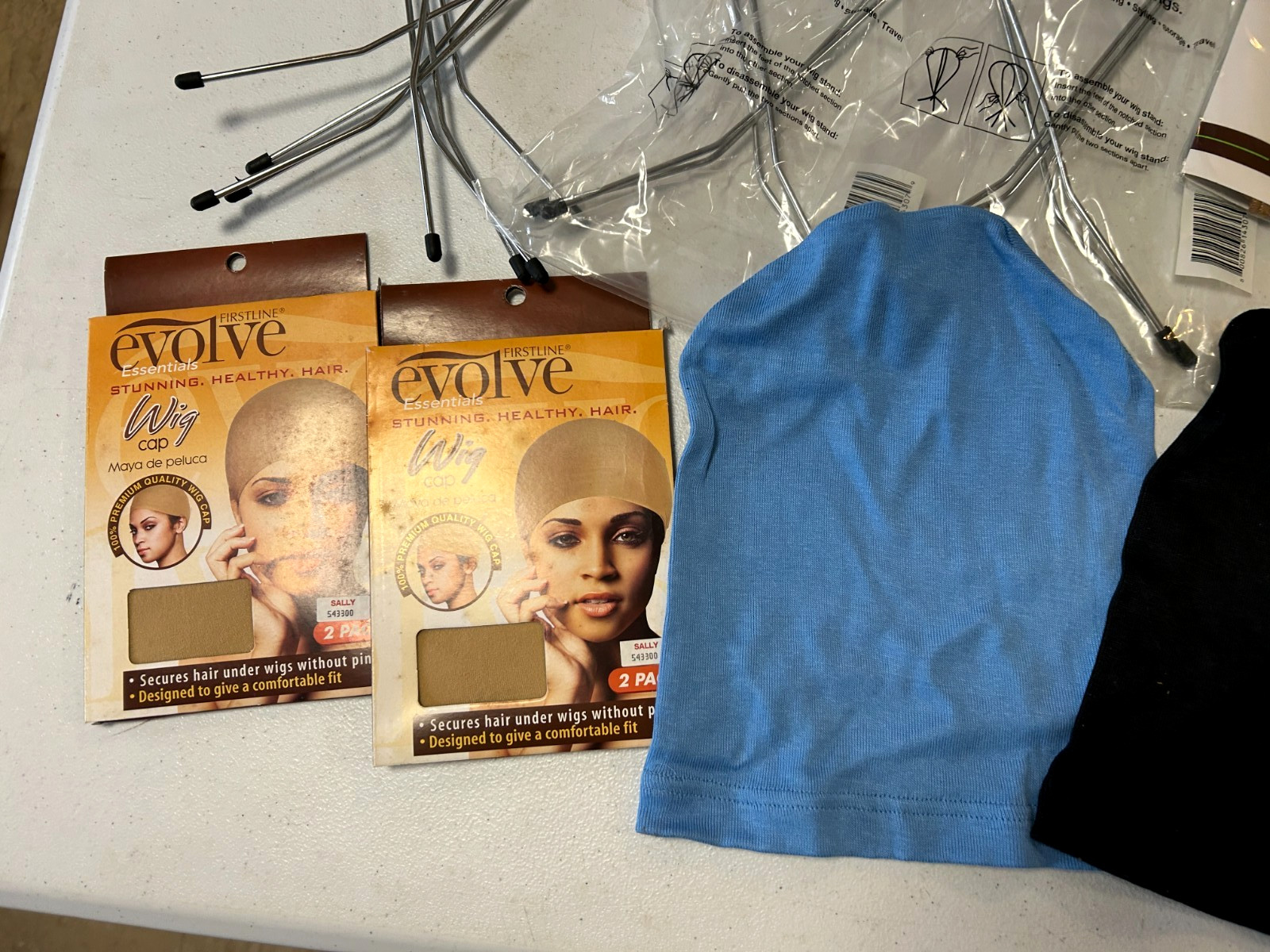 New Lot of 4 Metal Wig Stands and some Comfort Caps & Hair Care Cloth Caps