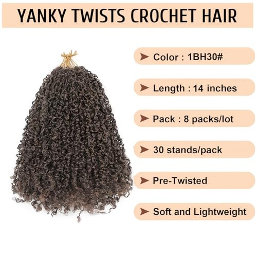 Pre Looped Yanky Twist Crochet Hair 14 Inch 8 Packs 14 Inch (Pack of 8) 1BH30#
