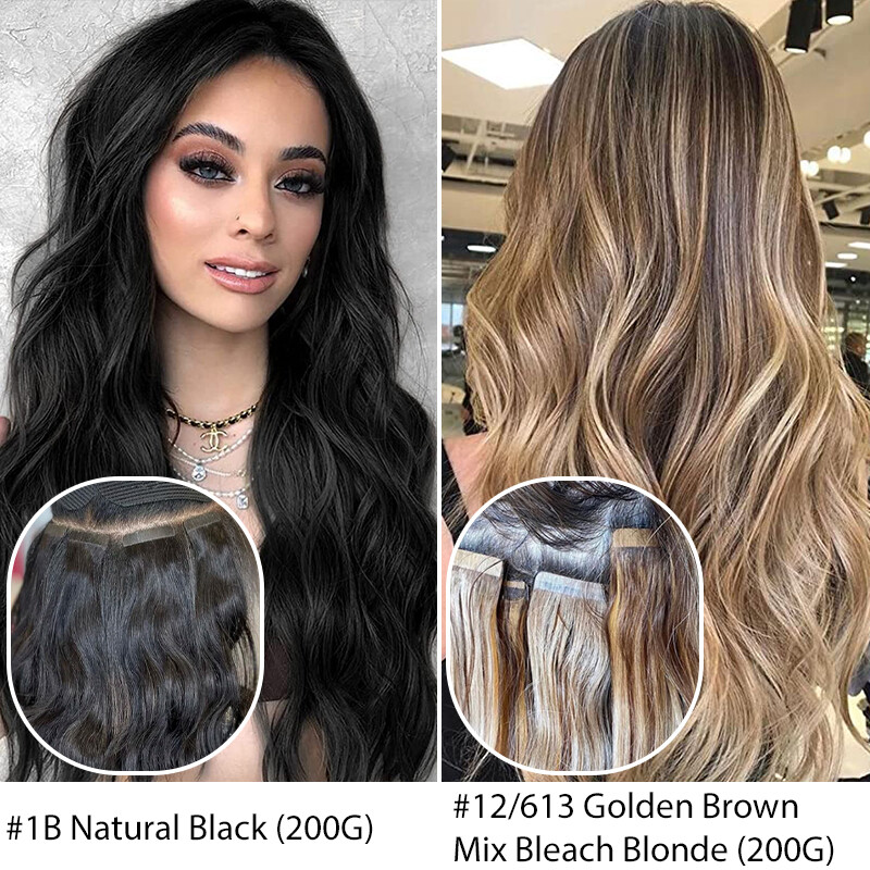 200g 80pcs Tape In Human Hair Extensions Skin Weft FULL HEAD Body Wave Ombre