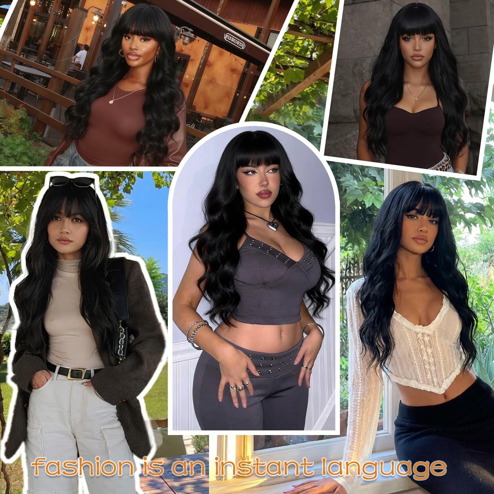 Black Wig with Bangs for Women Long Black Wavy Wigs 26 Inch Natural Black Wigs N