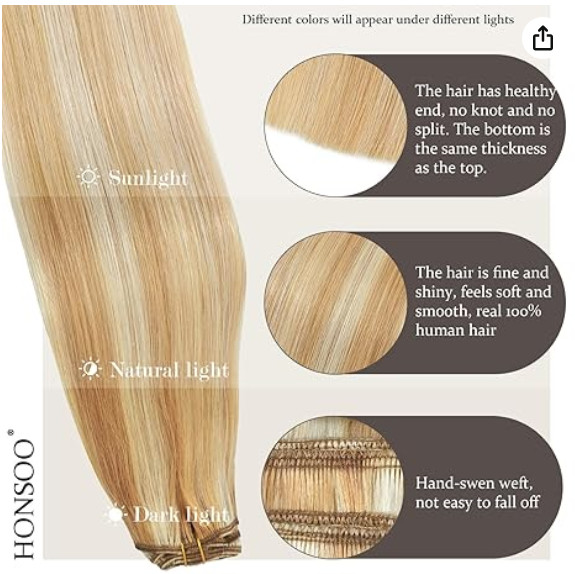 Honsoo 22in Hair Extensions Real Human Hair Clip Ins 70g 7pcs Honey Blonde To Bl