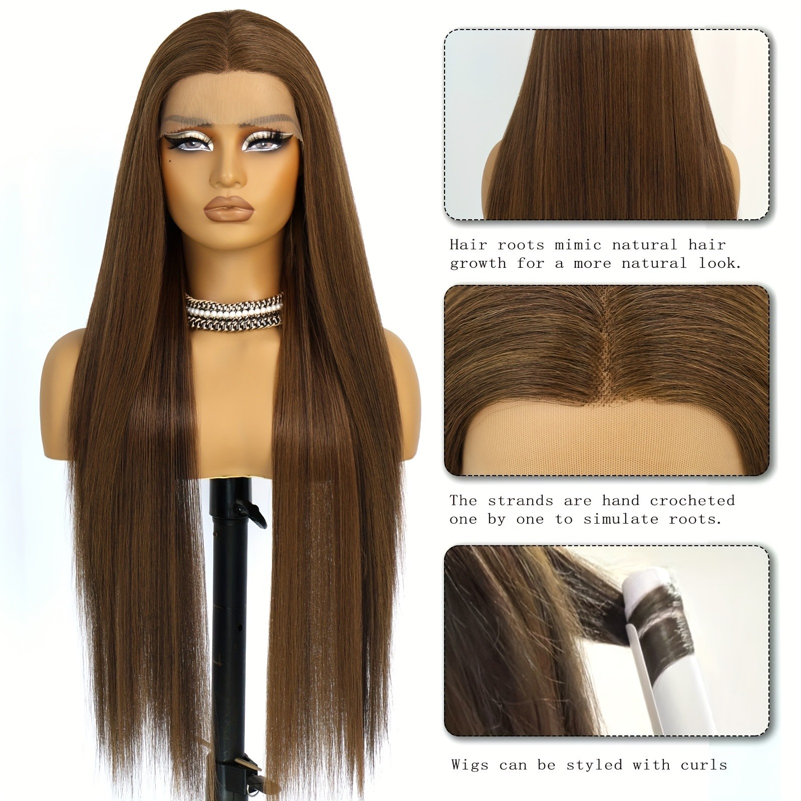 Brown Mixed Color Natural Long Straight Hair Synthetic Lace Front Wigs Glueless