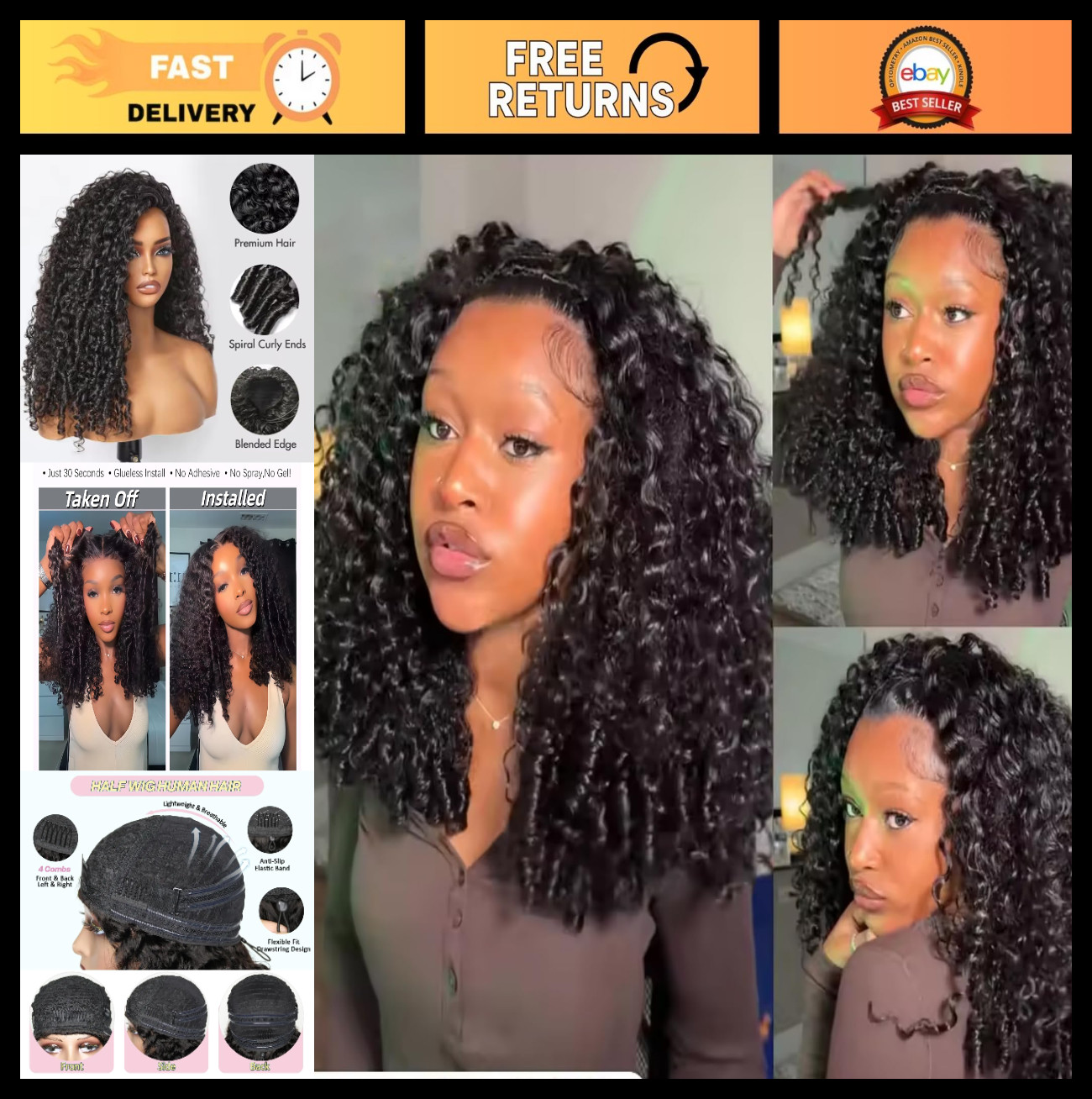 200 Density Curly Half Wig Human Hair 22″ Seamless Flip Over Glueless Wear & Go