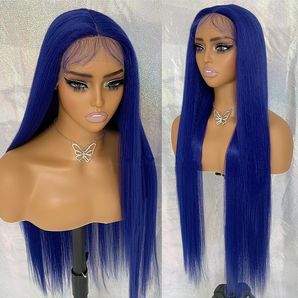 Long Straight Lace Front Wigs Blue Hair Synthetic Fiber Wig Party Heat Safe Soft