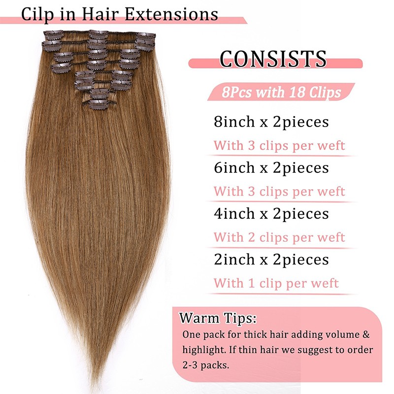 Double Weft 100% Remy Human Hair Extensions Full Head Clip In 8PCS Extra Thick