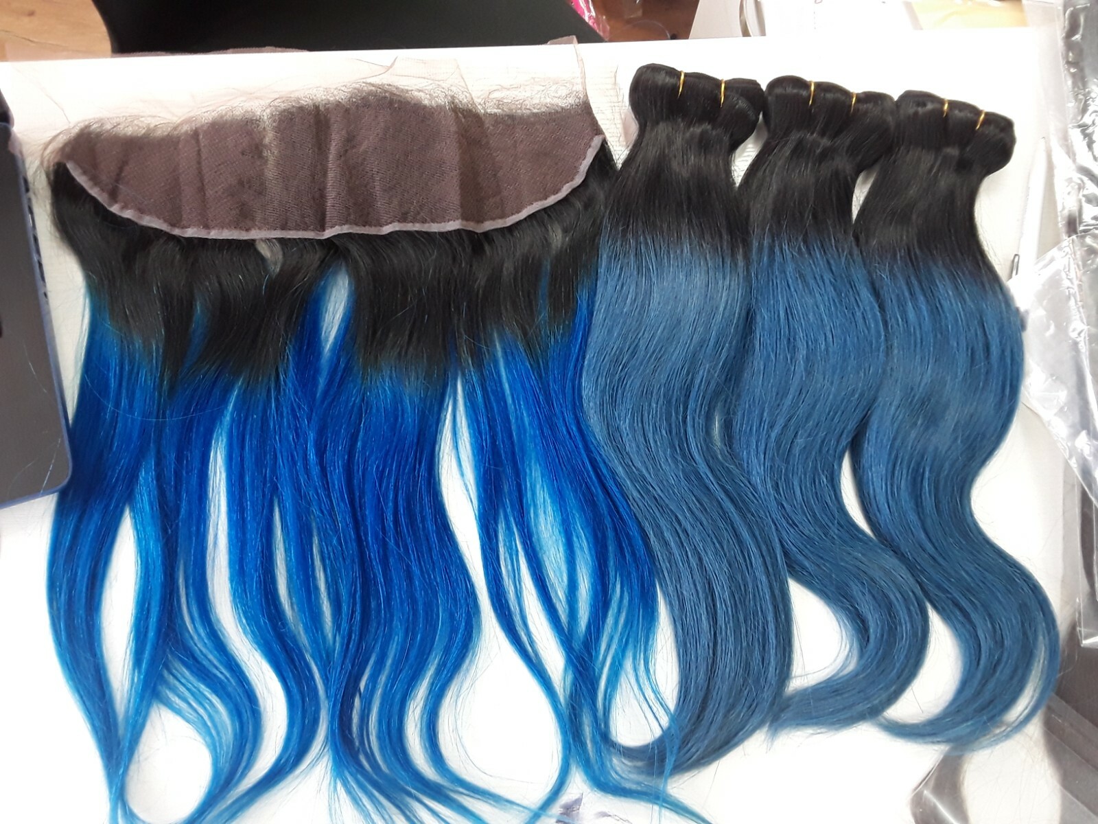 1B#/BLUE OMBRE BRAZILIAN VIRGIN HUMAN HAIR STRAIGHT BUNDLES 16+16+16&16 FRONTAL