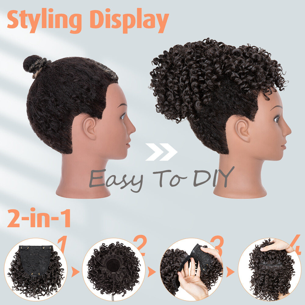 Afro Kinky Curly As Human Hair Clip In Short Ponytail Bun + Bangs Black Women US