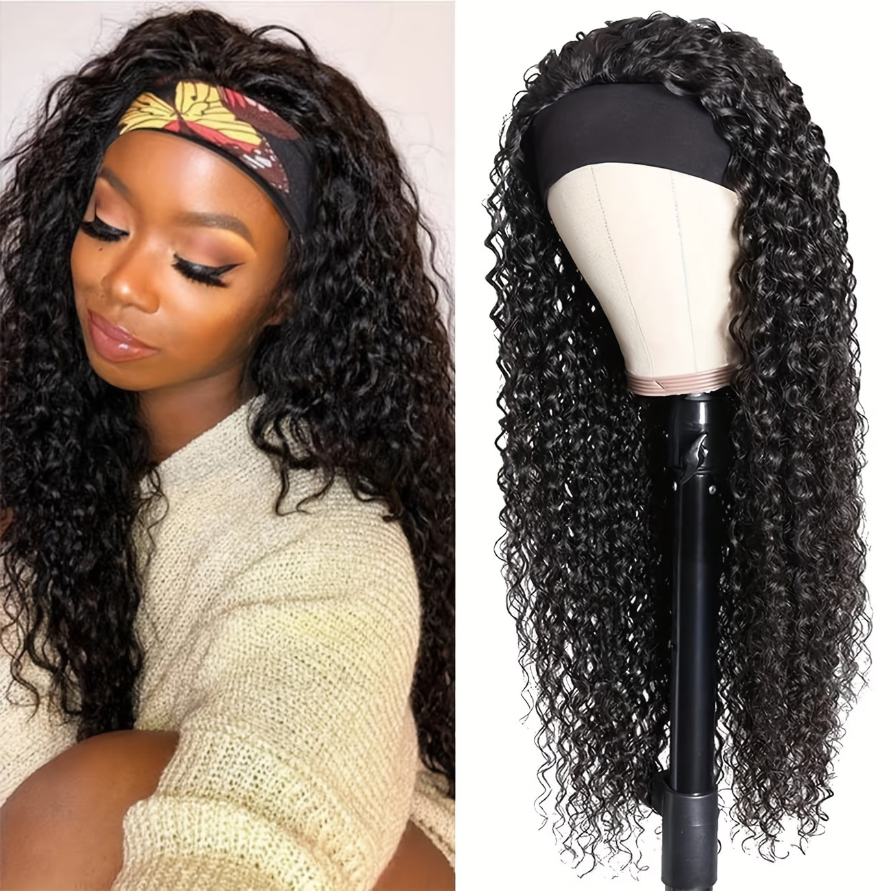 Water Wave Headband Wig with Pre-Attached Scarf – Curly Deep Wave No Lace Front