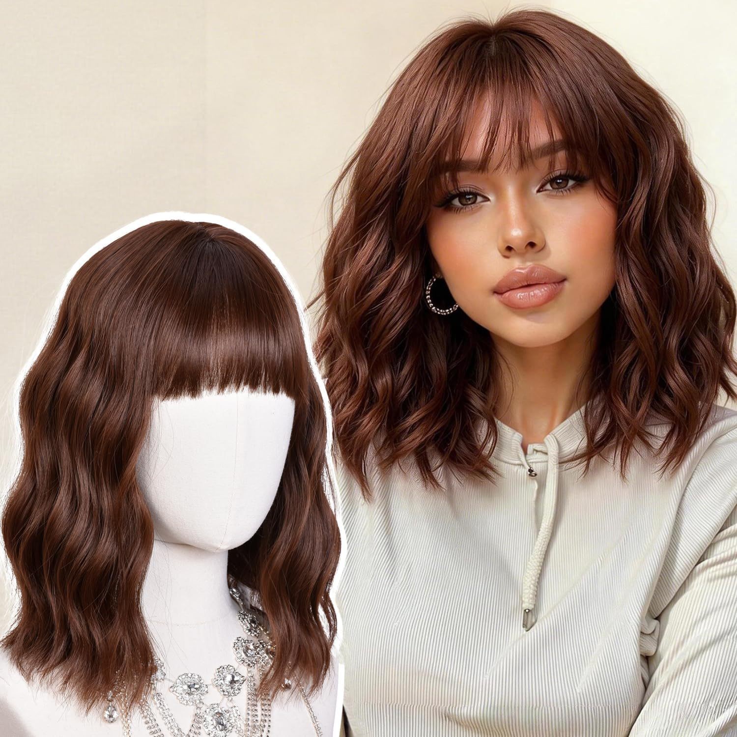 Highlight Short Water Wave Curly Wig Heat Resistant Synthetic Full Wig for