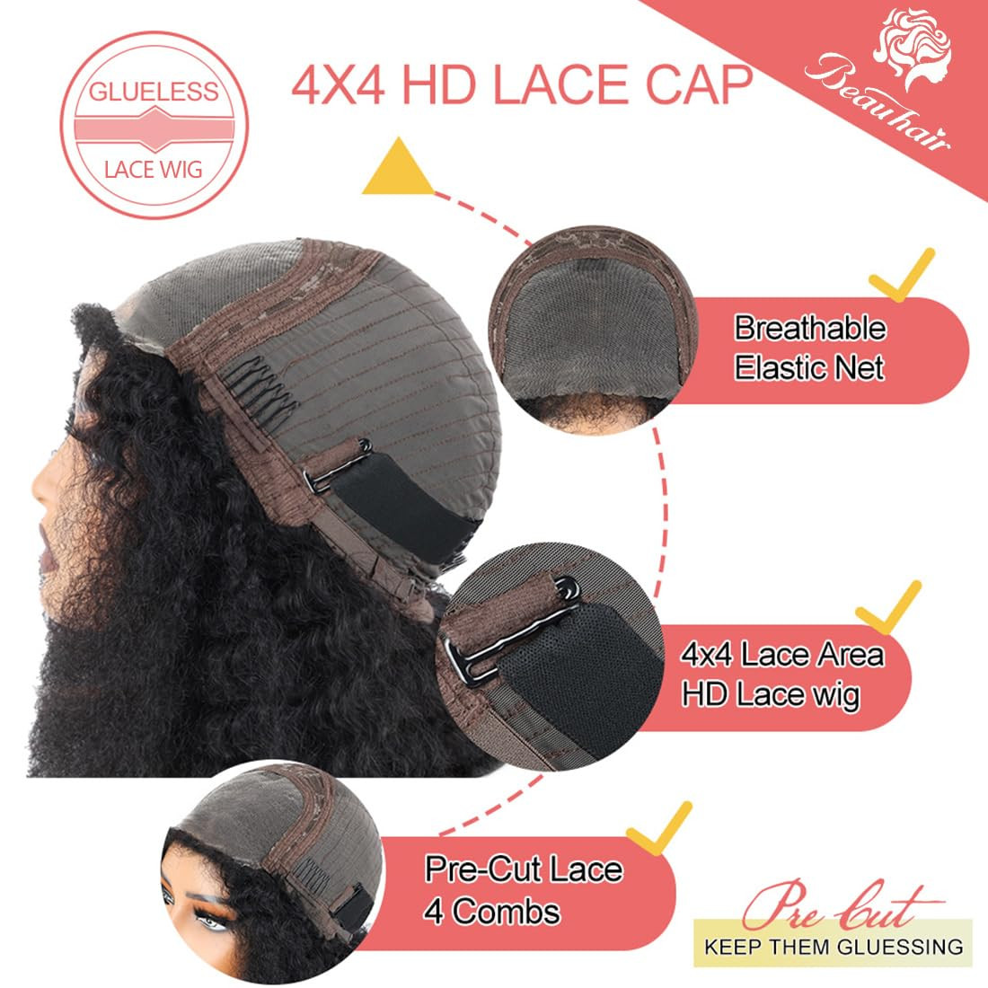 Black Kinkycurly 4C Edge Wig Human Hair 4X4 HD Lace Afro Kinky Closure Wig for B
