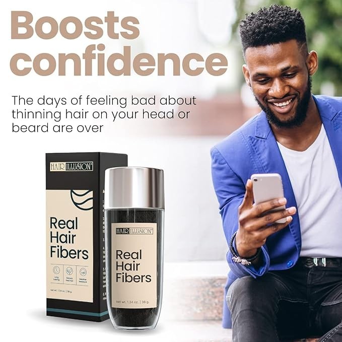 Hair Illusion 38g Black Real Hair Fibers + Water Resistant Spray + Applicator